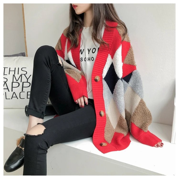 Colorfaith 2023 Plaid Chic Cardigans Button Puff Sleeve Checkered Oversized Women's Sweaters Winter Spring Sweater Tops SW658