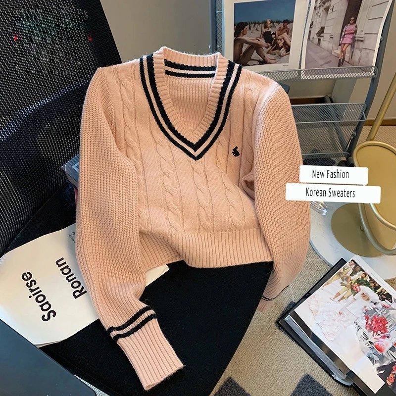 Fashion Sweaters Women Autumn V-neck Cartoon Embroidery Knitted Tops Winter Soft Basic Long Sleeve Pullovers