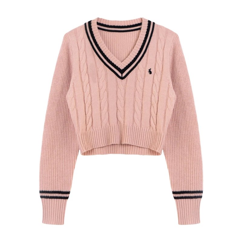 Fashion Sweaters Women Autumn V-neck Cartoon Embroidery Knitted Tops Winter Soft Basic Long Sleeve Pullovers
