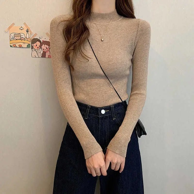 New Knitting Pullover Sweater Long Sleeve Bottom Shirt Slim Turtleneck Sweaters Autumn Winter Soft Blouse Jumpers For Women 2023
