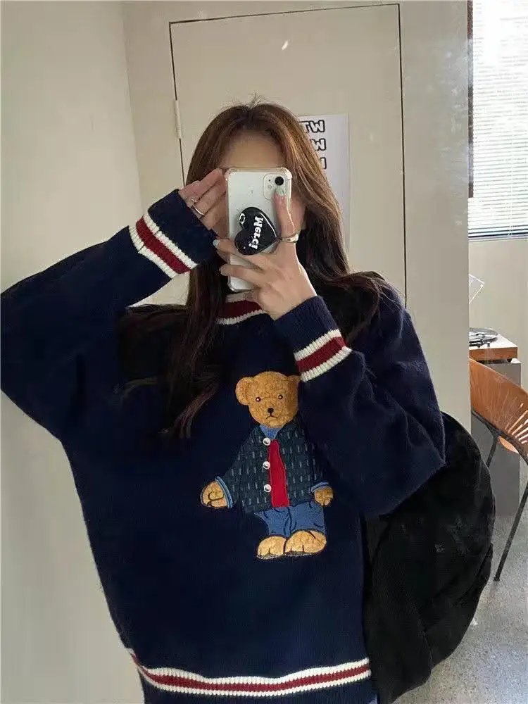 2023 Autumn Winter Women's Vest Japanese Style Cartoon Bear Pullover Vest Sweater Oversize Harajuku Kawaii Clothes Knitted Vest