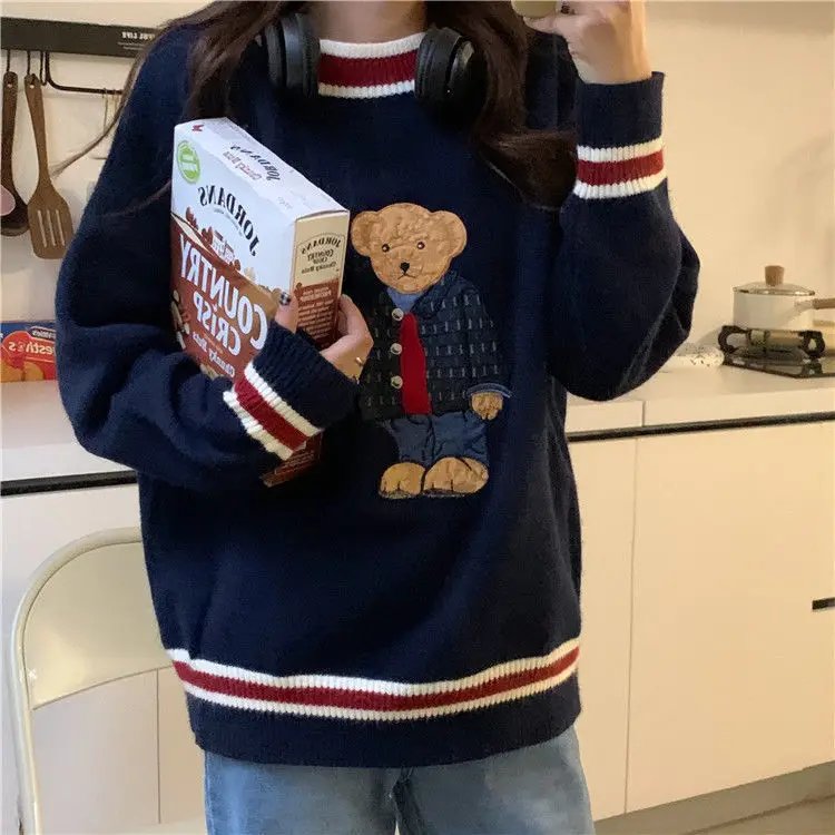 2023 Autumn Winter Women's Vest Japanese Style Cartoon Bear Pullover Vest Sweater Oversize Harajuku Kawaii Clothes Knitted Vest
