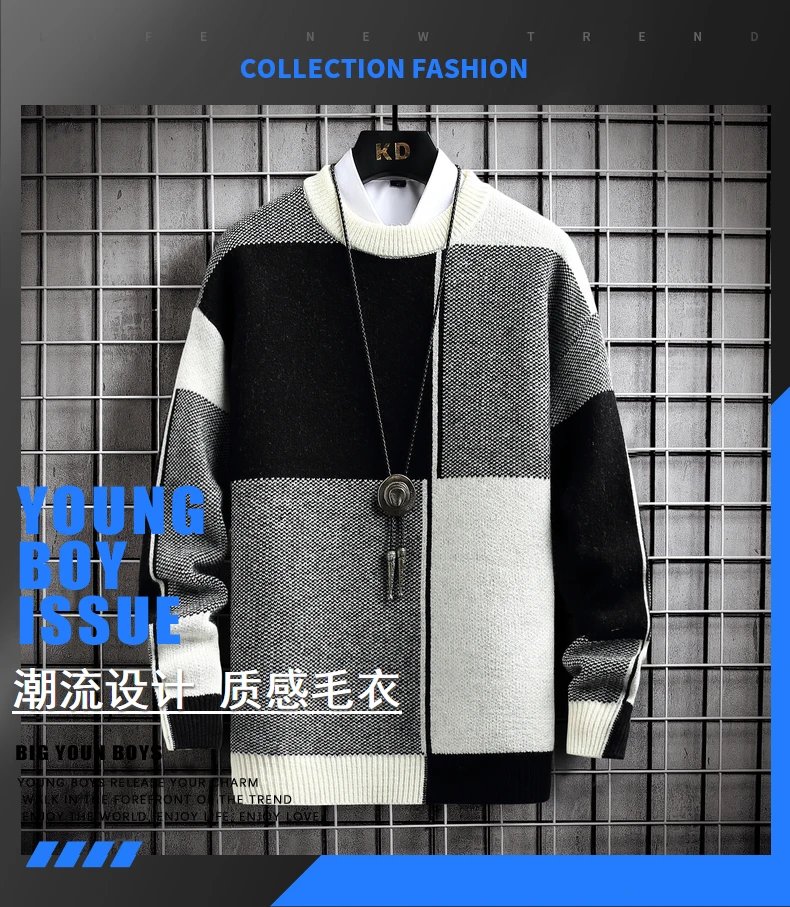 Half High Collar Color Blocking Warm Sweater/ High Quality Men Spring Autumn Slim Leisure Korean Long Sleeve Loose Knit Pullover