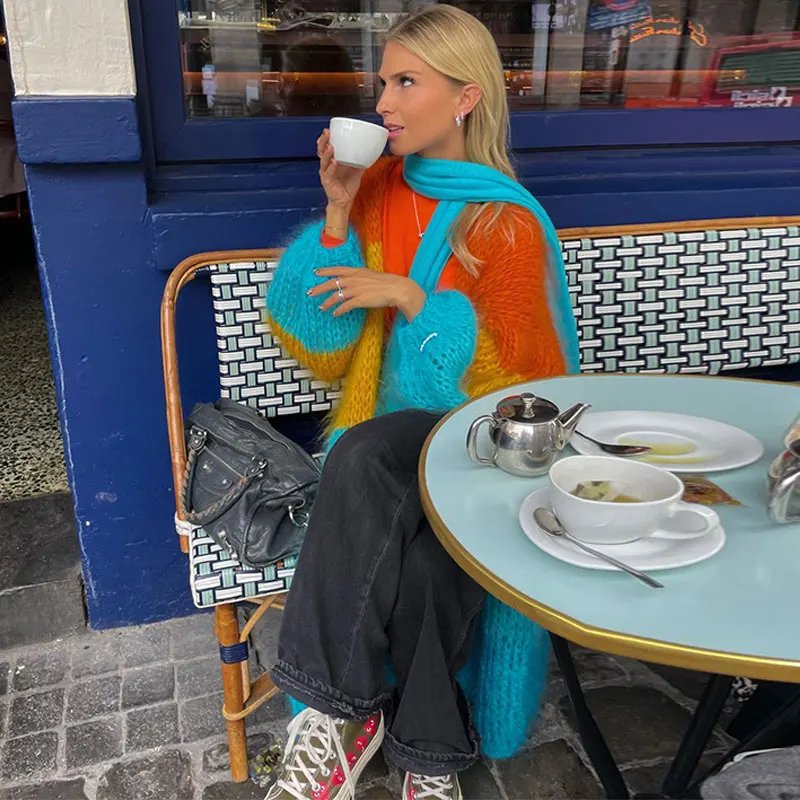 Women Vintage Striped Crochet Knitted Cardigan Casual Loose Thick Long Lantern Sleeve Sweater Autumn Winter Fashion Street Coat