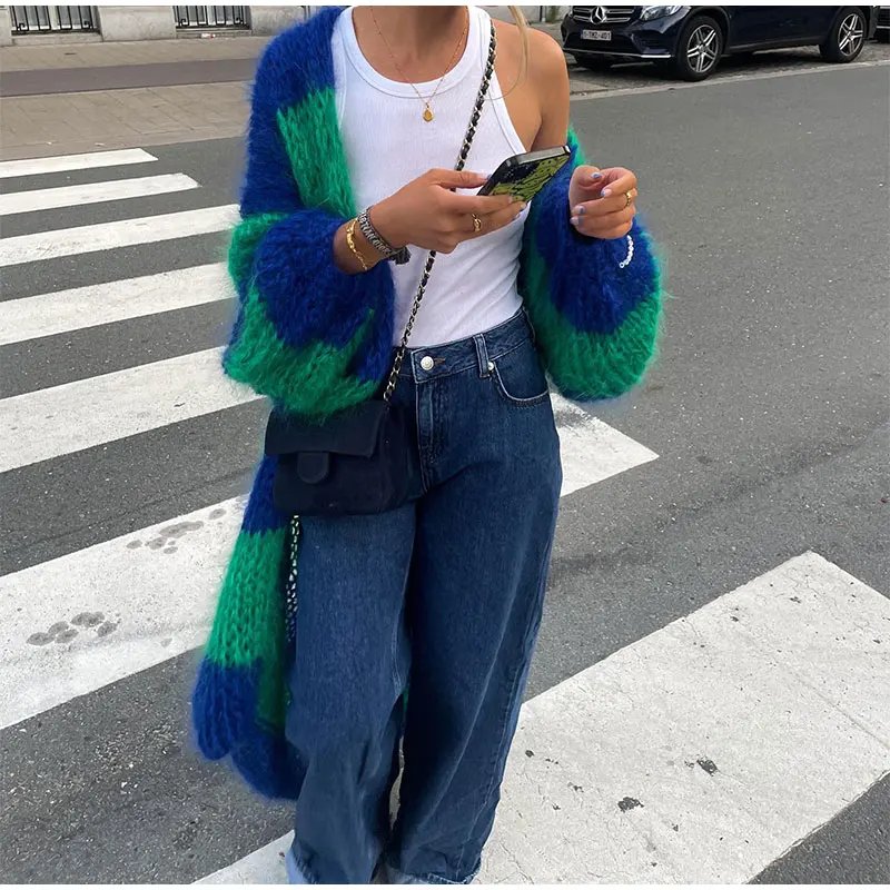 Women Vintage Striped Crochet Knitted Cardigan Casual Loose Thick Long Lantern Sleeve Sweater Autumn Winter Fashion Street Coat