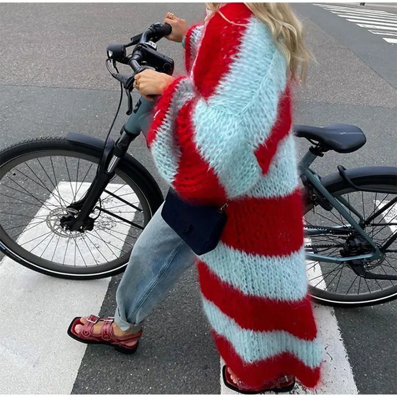 Women Vintage Striped Crochet Knitted Cardigan Casual Loose Thick Long Lantern Sleeve Sweater Autumn Winter Fashion Street Coat