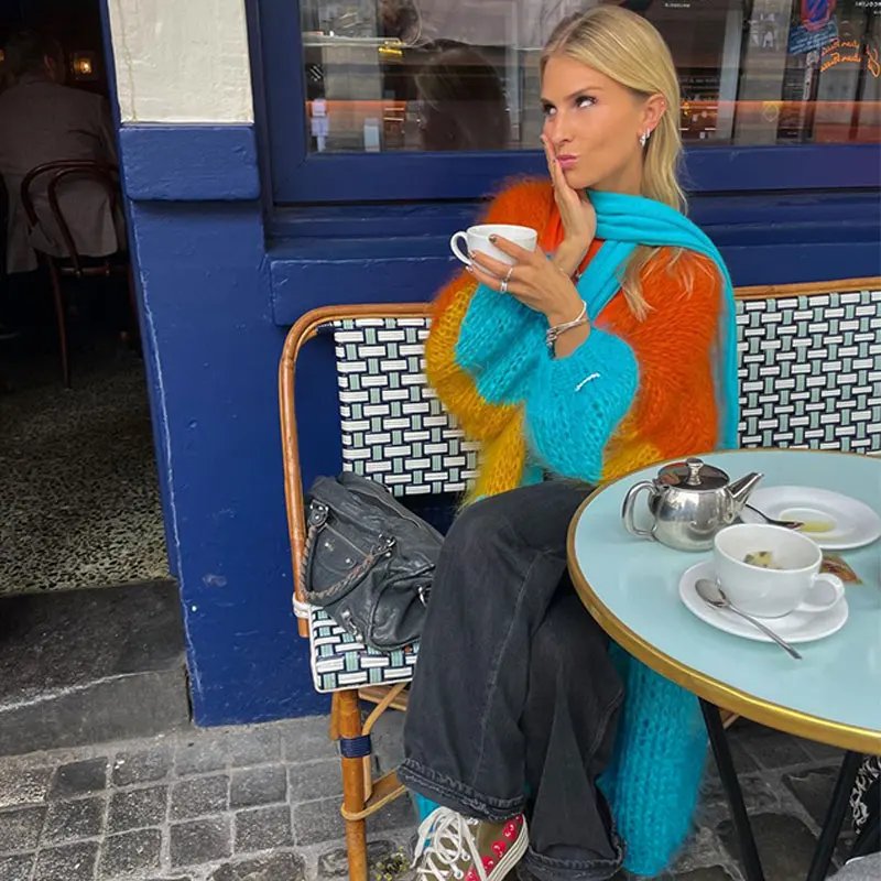 Women Vintage Striped Crochet Knitted Cardigan Casual Loose Thick Long Lantern Sleeve Sweater Autumn Winter Fashion Street Coat