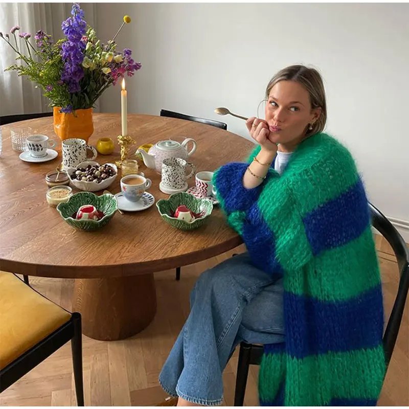 Women Vintage Striped Crochet Knitted Cardigan Casual Loose Thick Long Lantern Sleeve Sweater Autumn Winter Fashion Street Coat