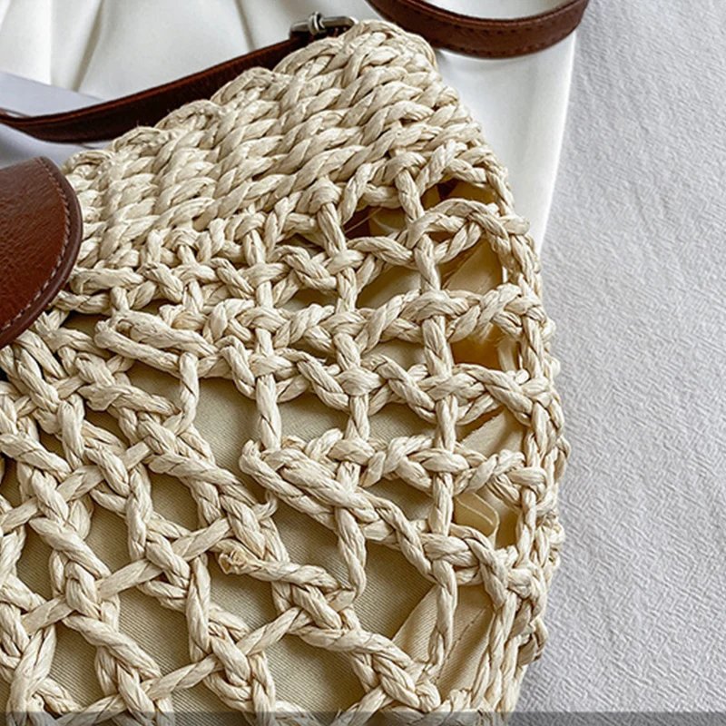 夏季女士草编包时尚半圆形斜挎包藤条手工邮差包旅行沙滩包托特包