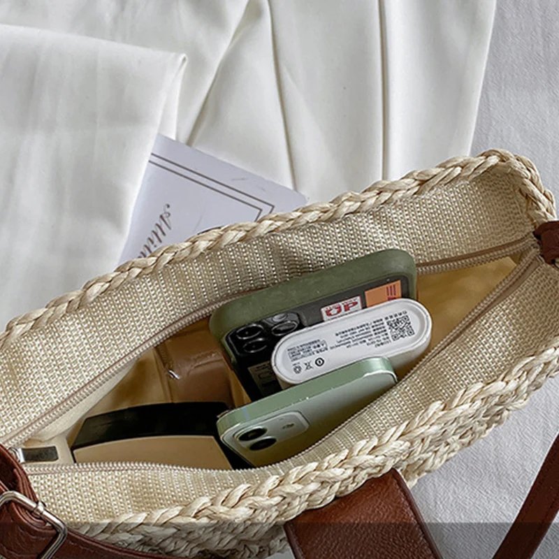 夏季女士草编包时尚半圆形斜挎包藤条手工邮差包旅行沙滩包托特包