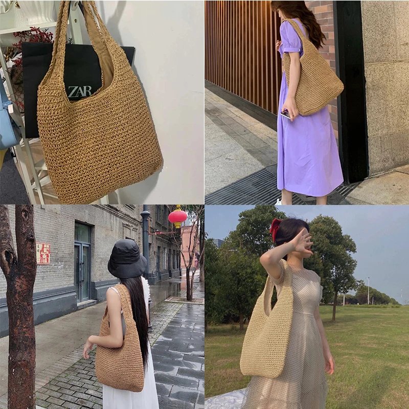 Summer Straw Bag For Women Woven Handmade Handbag Large Capacity Lady Tote Vacation Beach Bag Rattan Shoulder Bag Bolsa