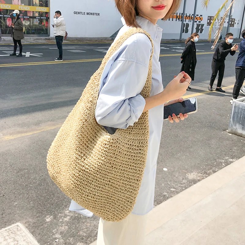 Summer Straw Bag For Women Woven Handmade Handbag Large Capacity Lady Tote Vacation Beach Bag Rattan Shoulder Bag Bolsa