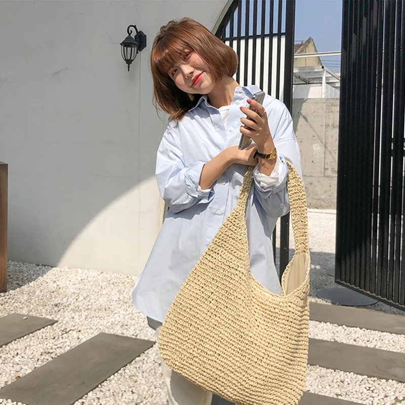 Summer Straw Bag For Women Woven Handmade Handbag Large Capacity Lady Tote Vacation Beach Bag Rattan Shoulder Bag Bolsa