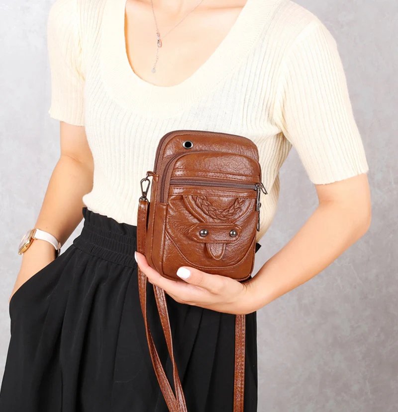 Retro Women's Handbag Soft Leather Shoulder Messenger Bag Cellphone Crossbody Bag Multifunction Square Bag Shopping Purse Bolsa