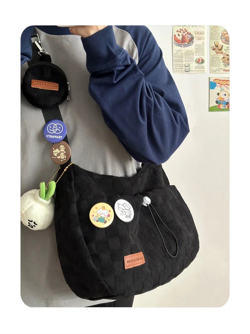 Harajuku Style College Crossbody Bag Solid Color Plaid Print Large Capacity Shoulder Bag New Cute Fashion Designer Handbag