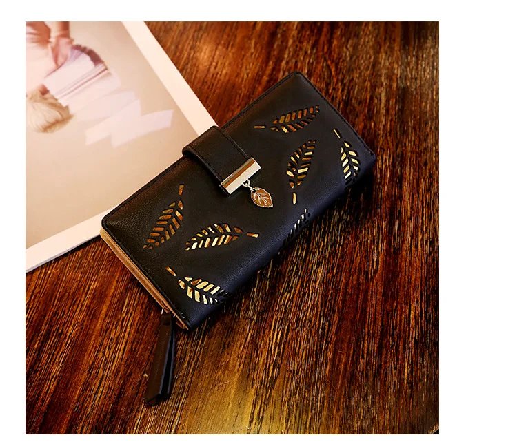 Women Wallet PU Leather Purse Female Long Wallet Gold Hollow Leaves Pouch Handbag For Women Coin Purse Card Holders Clutch