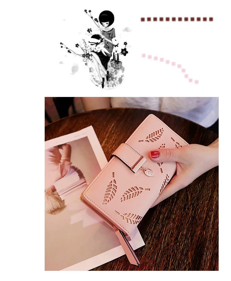 Women Wallet PU Leather Purse Female Long Wallet Gold Hollow Leaves Pouch Handbag For Women Coin Purse Card Holders Clutch