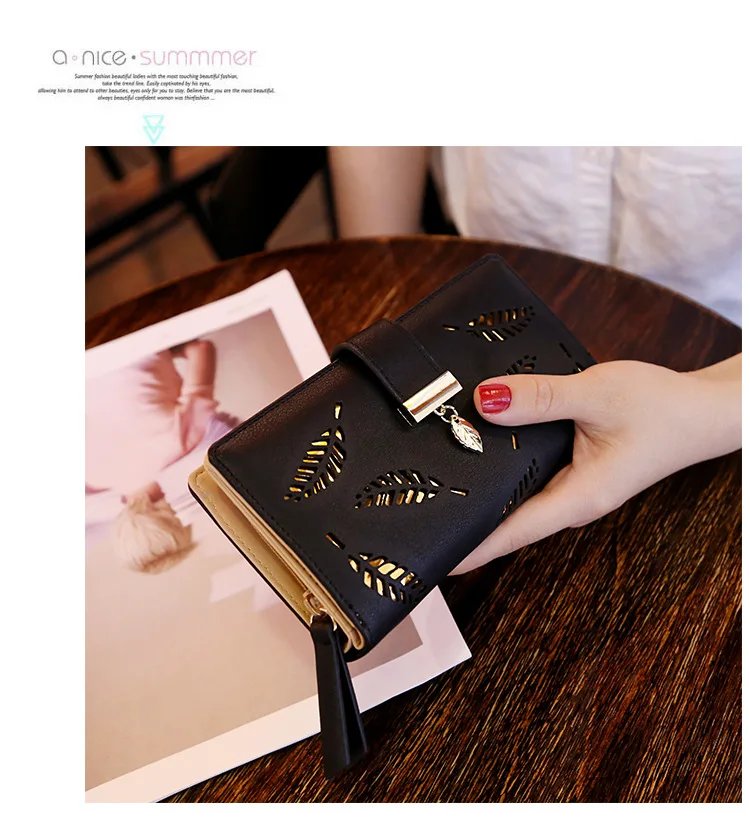 Women Wallet PU Leather Purse Female Long Wallet Gold Hollow Leaves Pouch Handbag For Women Coin Purse Card Holders Clutch