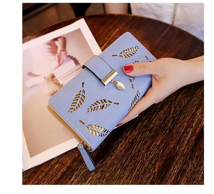 Women Wallet PU Leather Purse Female Long Wallet Gold Hollow Leaves Pouch Handbag For Women Coin Purse Card Holders Clutch