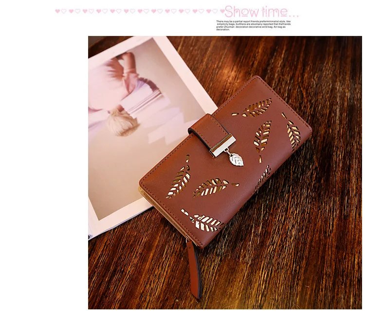Women Wallet PU Leather Purse Female Long Wallet Gold Hollow Leaves Pouch Handbag For Women Coin Purse Card Holders Clutch