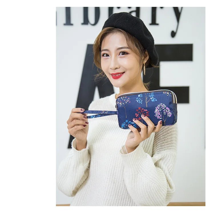 Female Handbag Print Canvas Three-layer Long Wallet Women Larger Capacity Key Coin Purse Portable Waterproof Bag