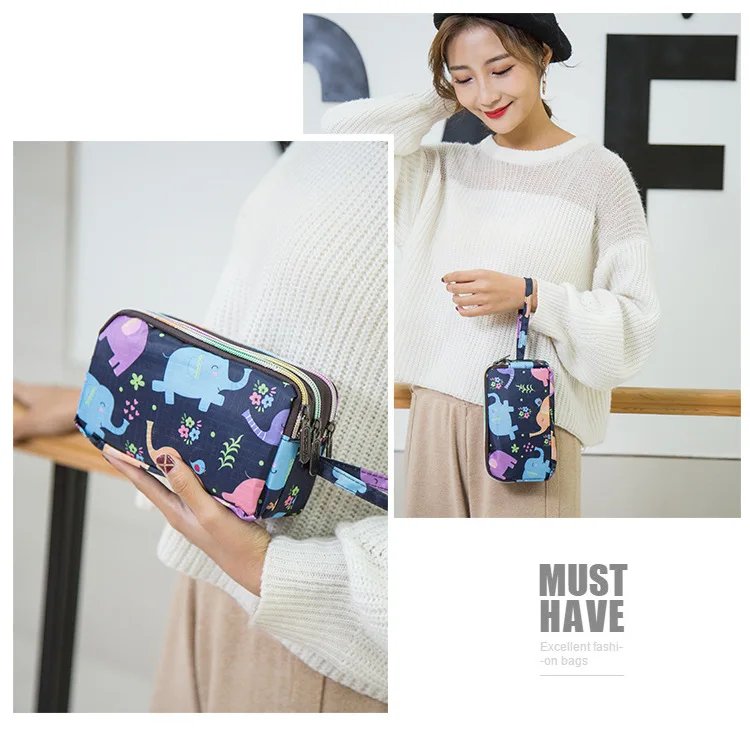 Female Handbag Print Canvas Three-layer Long Wallet Women Larger Capacity Key Coin Purse Portable Waterproof Bag