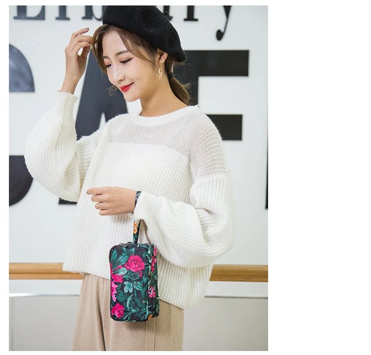 Female Handbag Print Canvas Three-layer Long Wallet Women Larger Capacity Key Coin Purse Portable Waterproof Bag