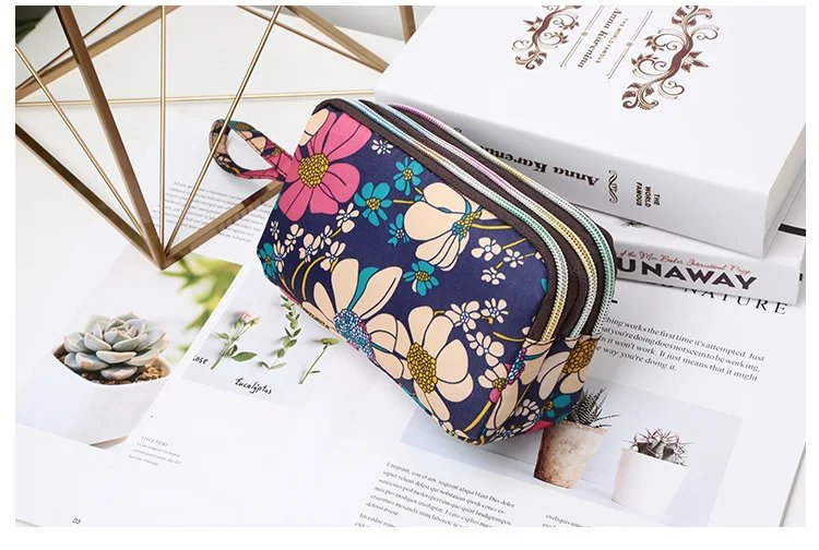 Female Handbag Print Canvas Three-layer Long Wallet Women Larger Capacity Key Coin Purse Portable Waterproof Bag