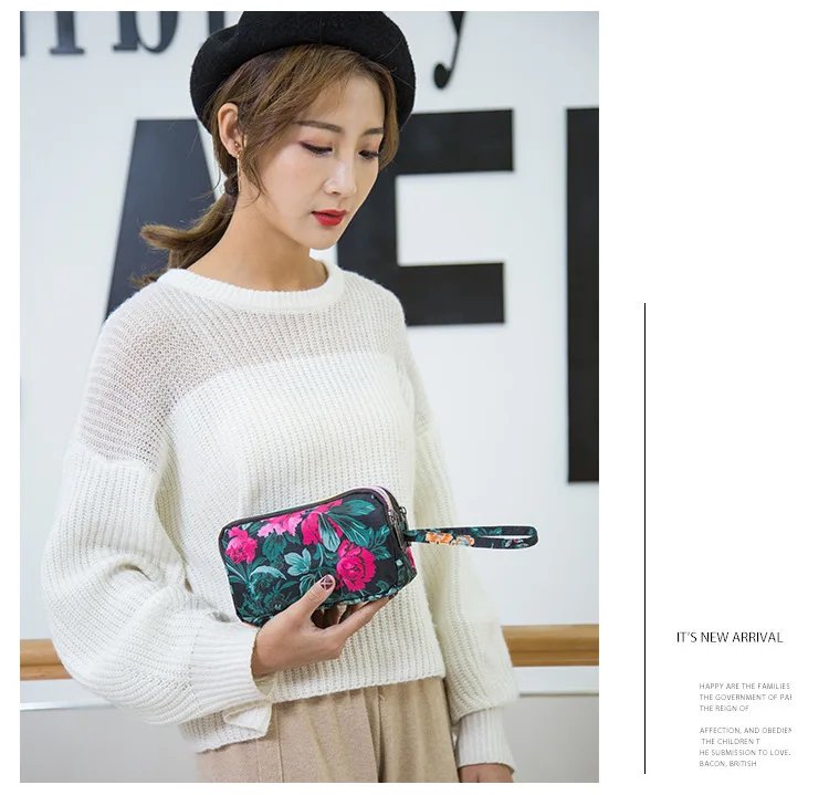 Female Handbag Print Canvas Three-layer Long Wallet Women Larger Capacity Key Coin Purse Portable Waterproof Bag