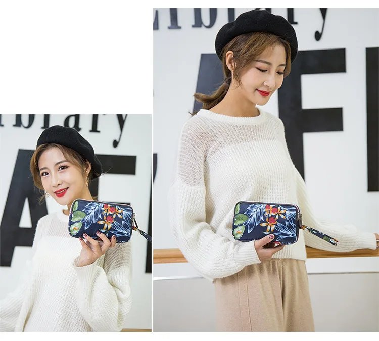 Female Handbag Print Canvas Three-layer Long Wallet Women Larger Capacity Key Coin Purse Portable Waterproof Bag