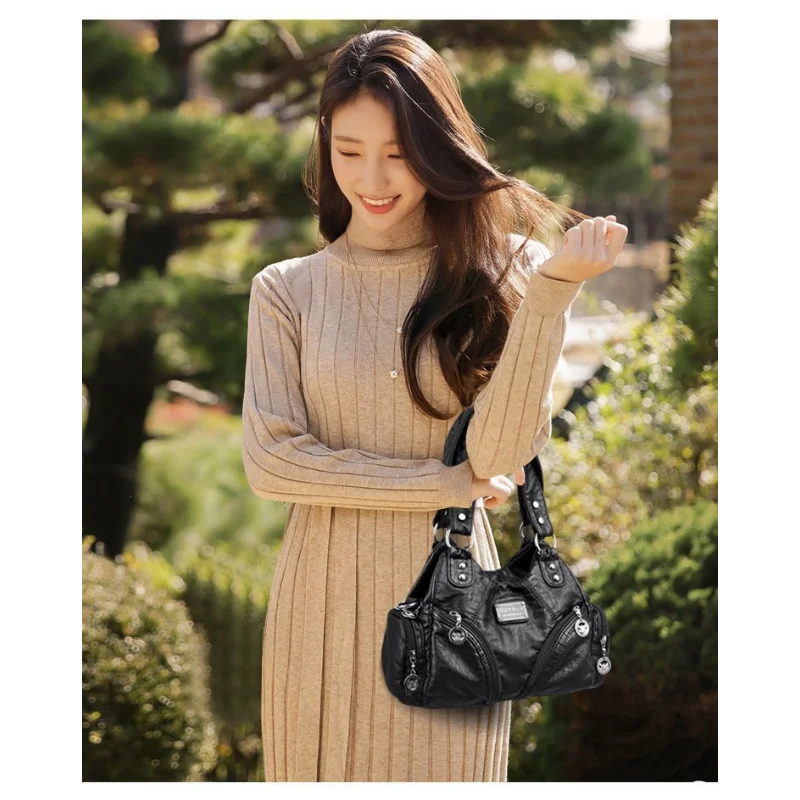 High Quality Retro Soft PU Leather Messenger Bag Trendy Motorcycle Bag Large Capacity Zipper Shoulder Bag for Women