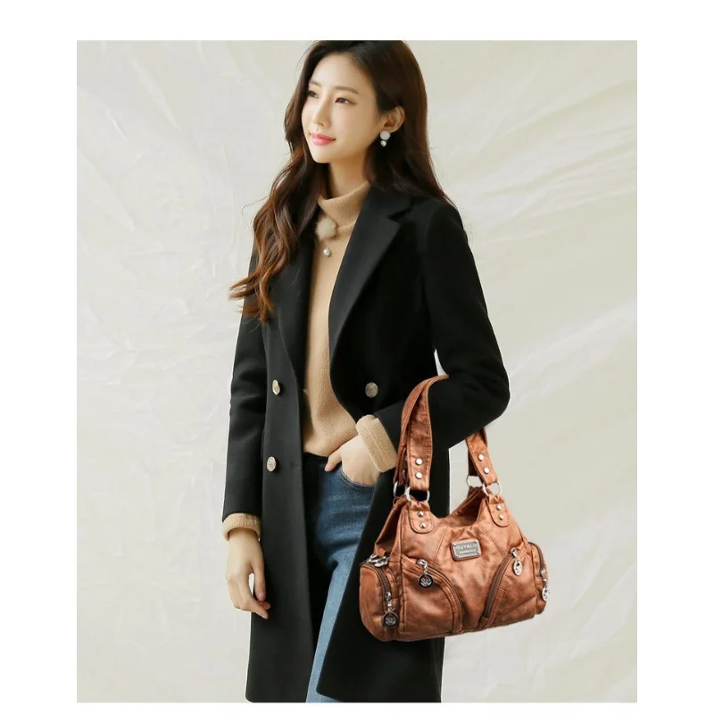 High Quality Retro Soft PU Leather Messenger Bag Trendy Motorcycle Bag Large Capacity Zipper Shoulder Bag for Women