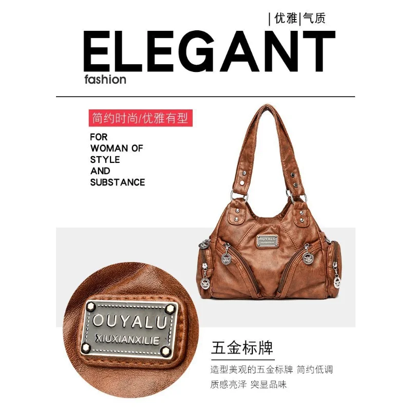 High Quality Retro Soft PU Leather Messenger Bag Trendy Motorcycle Bag Large Capacity Zipper Shoulder Bag for Women