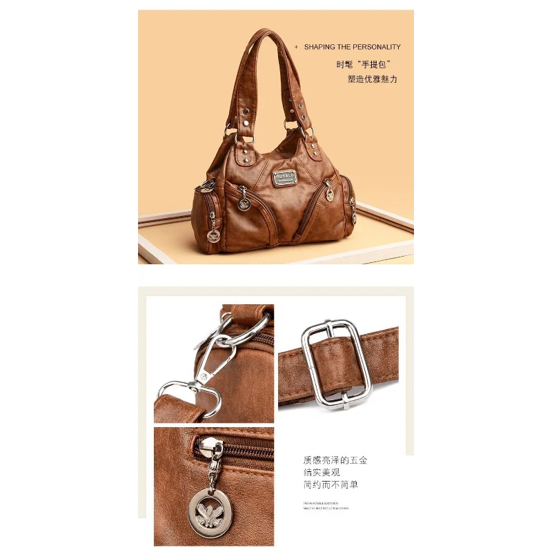 High Quality Retro Soft PU Leather Messenger Bag Trendy Motorcycle Bag Large Capacity Zipper Shoulder Bag for Women