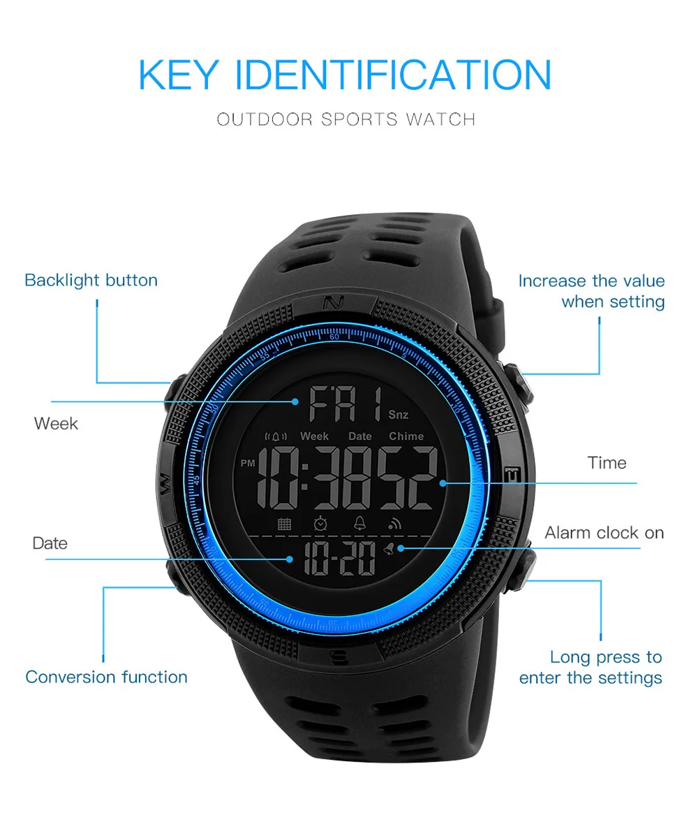 Fashion Outdoor Sport Watch Men Multifunction Watches Alarm Clock Chrono 5Bar Waterproof Digital Watch reloj hombre 1251 Fashion Outdoor Sport Watch Men Multifunction Watches Alarm Clock Chrono 5Bar Waterproof Digital Watch reloj hombre 1251
