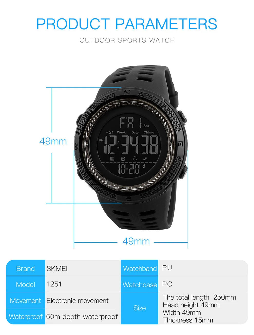 Fashion Outdoor Sport Watch Men Multifunction Watches Alarm Clock Chrono 5Bar Waterproof Digital Watch reloj hombre 1251 Fashion Outdoor Sport Watch Men Multifunction Watches Alarm Clock Chrono 5Bar Waterproof Digital Watch reloj hombre 1251