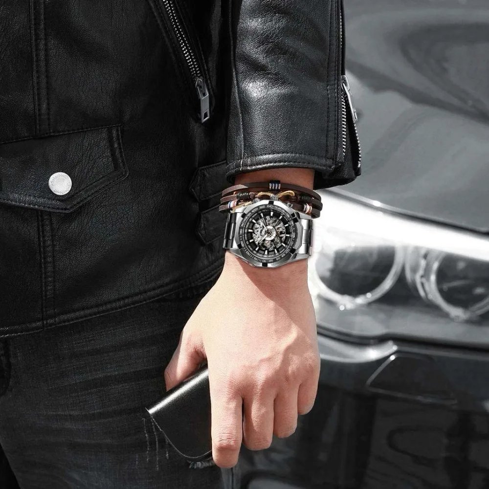 Stainless Steel Waterproof Mens Skeleton Watches Top Brand Luxury Transparent Mechanical Sport Male Wrist Watches