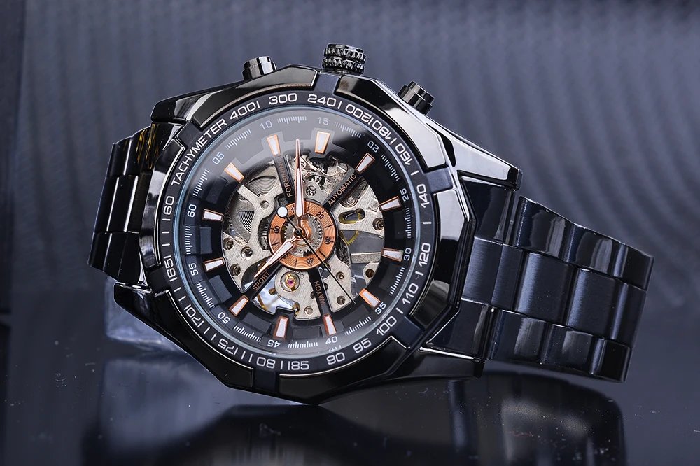 Stainless Steel Waterproof Mens Skeleton Watches Top Brand Luxury Transparent Mechanical Sport Male Wrist Watches