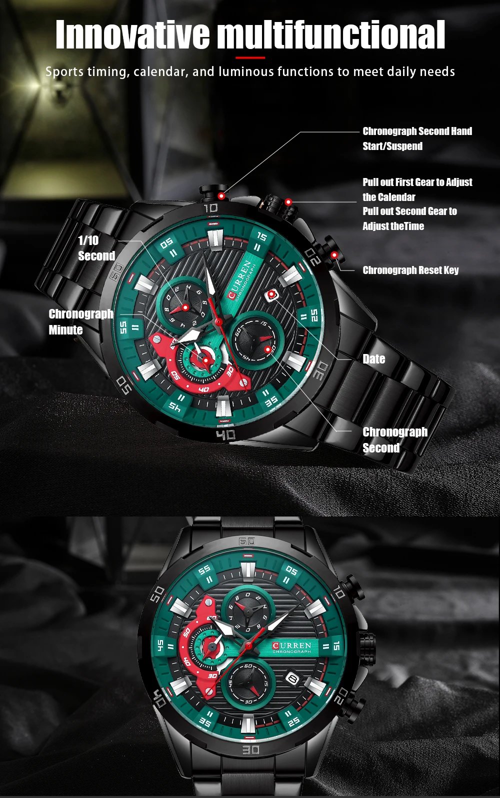 Stainless Steel Watches for Mens Creative Fashion Luminous Dial with Chronograph Clock Male Casual Wristwatches