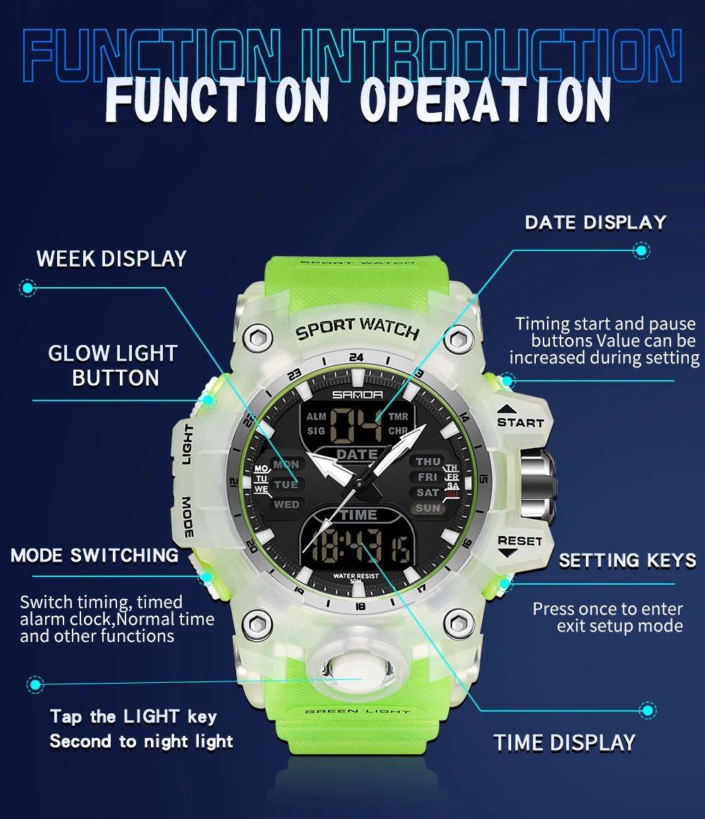 Dual Display Men Watches Waterproof Sports Watch Military Man Alarm Stopwatch Quartz Wristwatch Male Digital Clock 6126