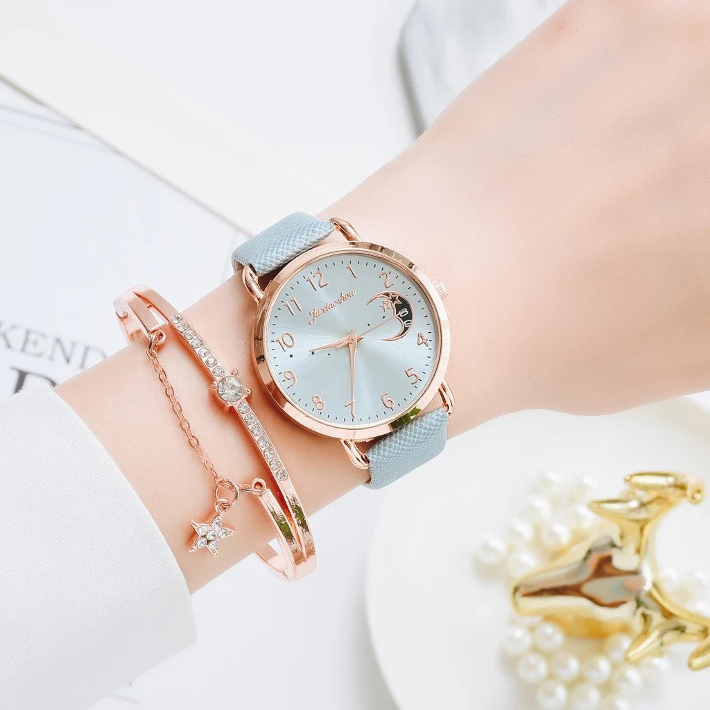 Women Watch Moon Numbers Dial Bracelet Watches Set Ladies Leather Band Quartz Wristwatch Women Female Clock Relogio Mujer Hot