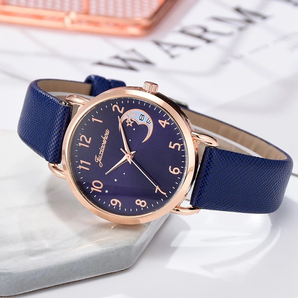 Women Watch Moon Numbers Dial Bracelet Watches Set Ladies Leather Band Quartz Wristwatch Women Female Clock Relogio Mujer Hot
