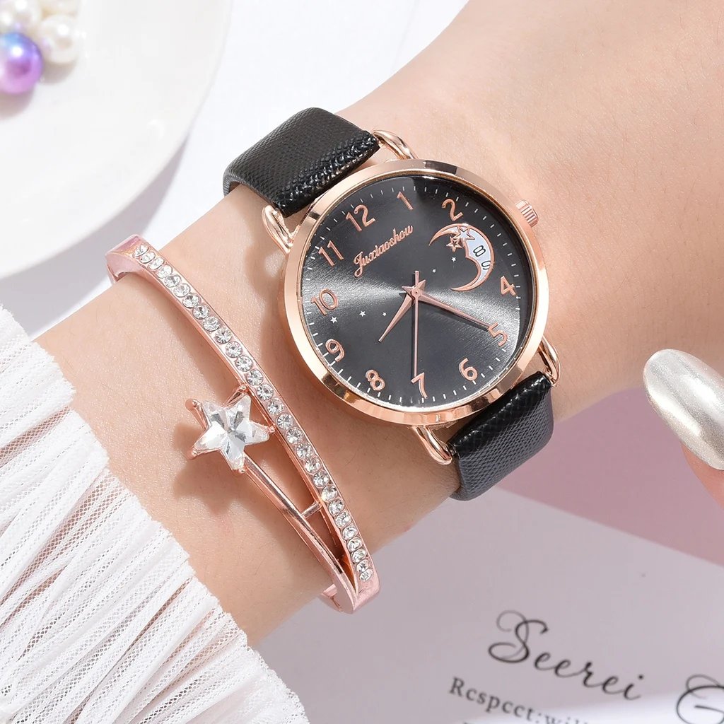Women Watch Moon Numbers Dial Bracelet Watches Set Ladies Leather Band Quartz Wristwatch Women Female Clock Relogio Mujer Hot