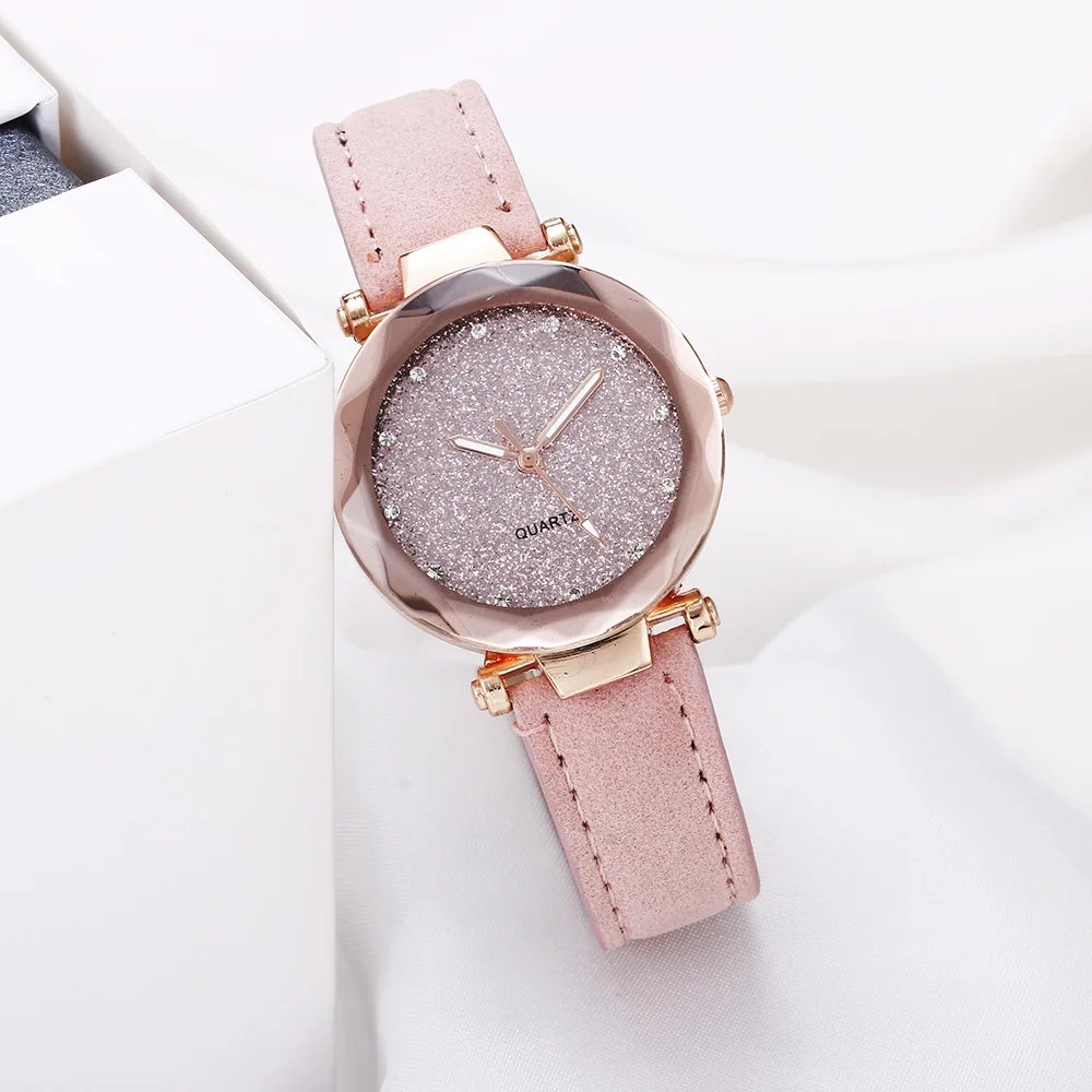 Round Face Rhinestone Star Sky Silver Pink Women for Watch Leisure Fashion Trend Frosted Belt Vintage Black Quartz Wristwatch