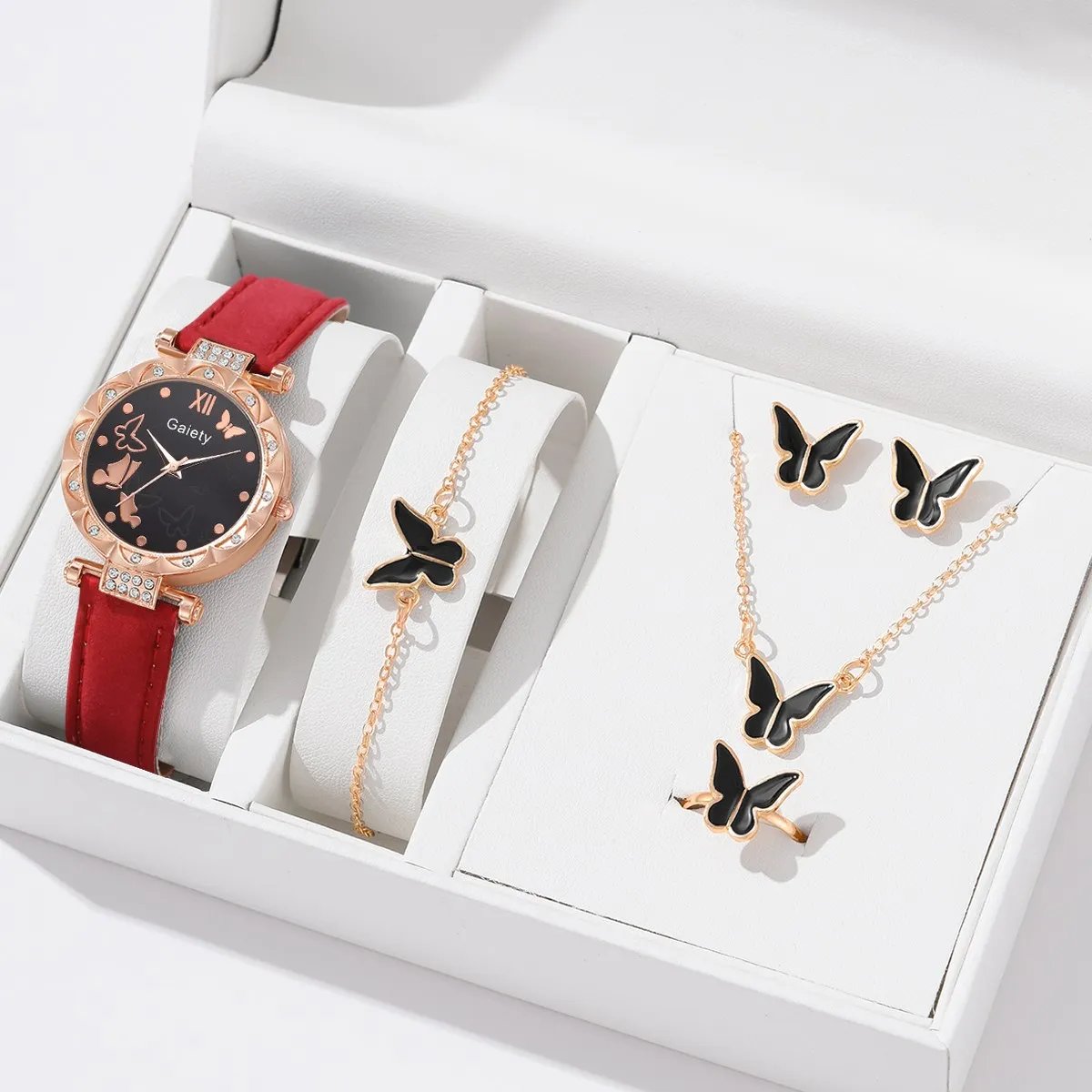 6pcs Luxury Watch Women Ring Necklace Earrings Bracelet Set Watches Butterfly Leather Strap Ladies Quartz WristWatch No Box