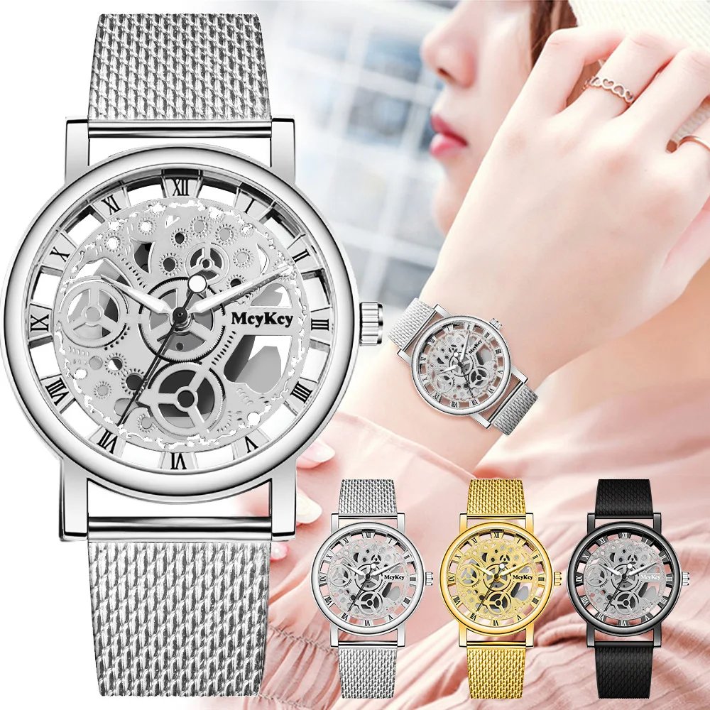 New Fashion Top Women Hollow Skeleton Faux Mechanical Watch Ladies Metal Mesh Quartz Wrist Watches For Female Relogio Feminino