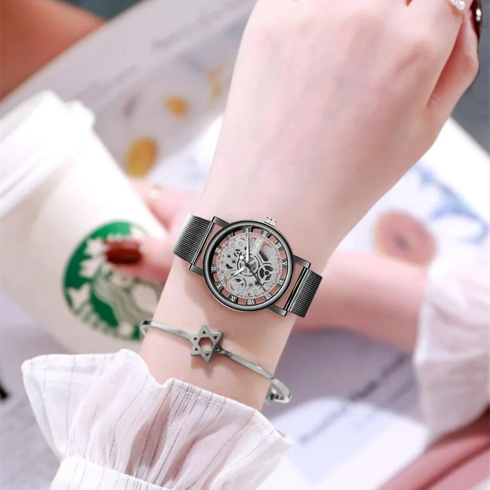 New Fashion Top Women Hollow Skeleton Faux Mechanical Watch Ladies Metal Mesh Quartz Wrist Watches For Female Relogio Feminino