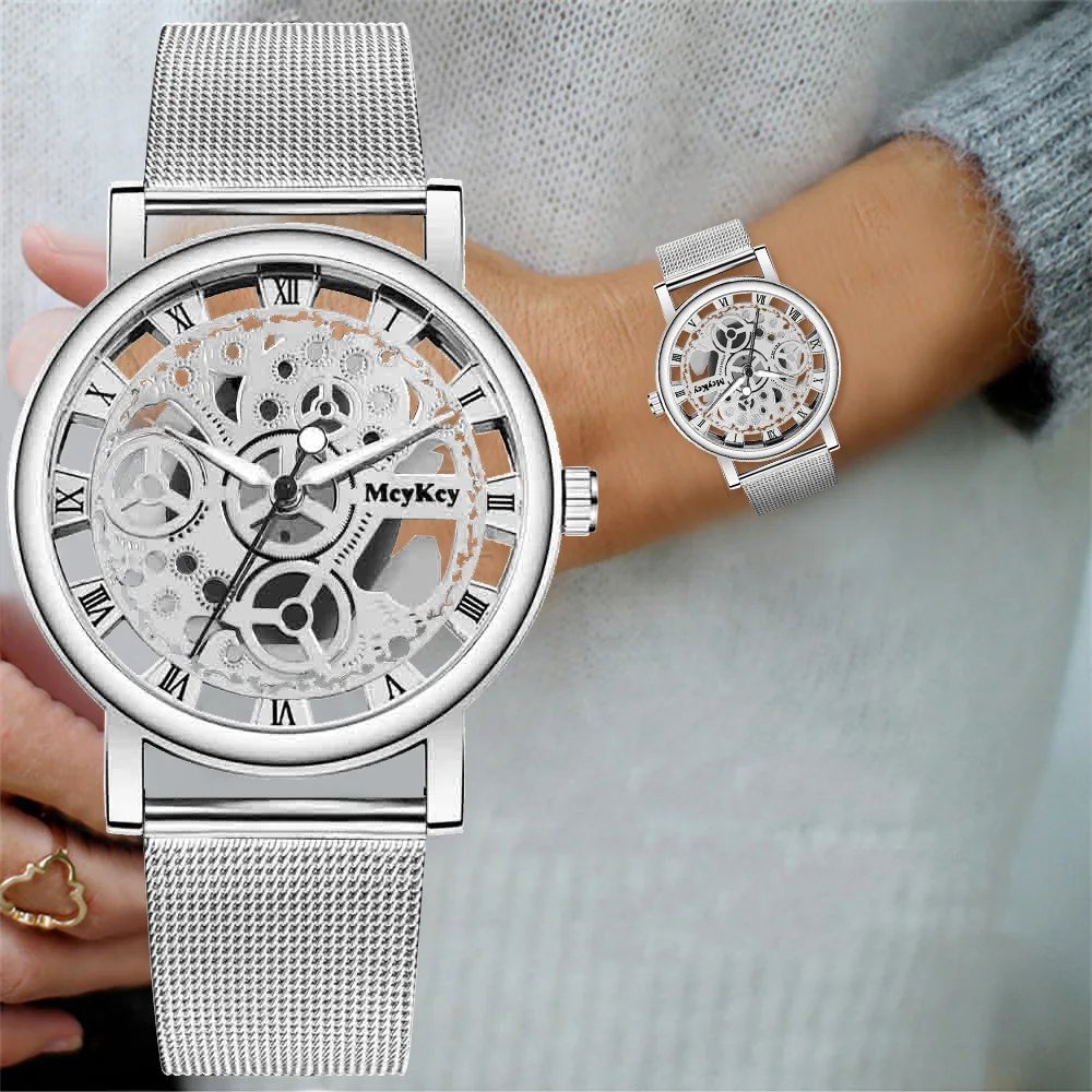 New Fashion Top Women Hollow Skeleton Faux Mechanical Watch Ladies Metal Mesh Quartz Wrist Watches For Female Relogio Feminino
