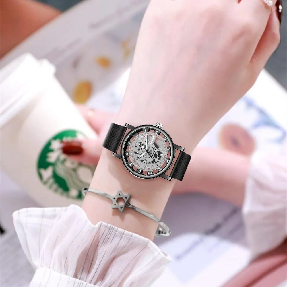 New Fashion Top Women Hollow Skeleton Faux Mechanical Watch Ladies Metal Mesh Quartz Wrist Watches For Female Relogio Feminino