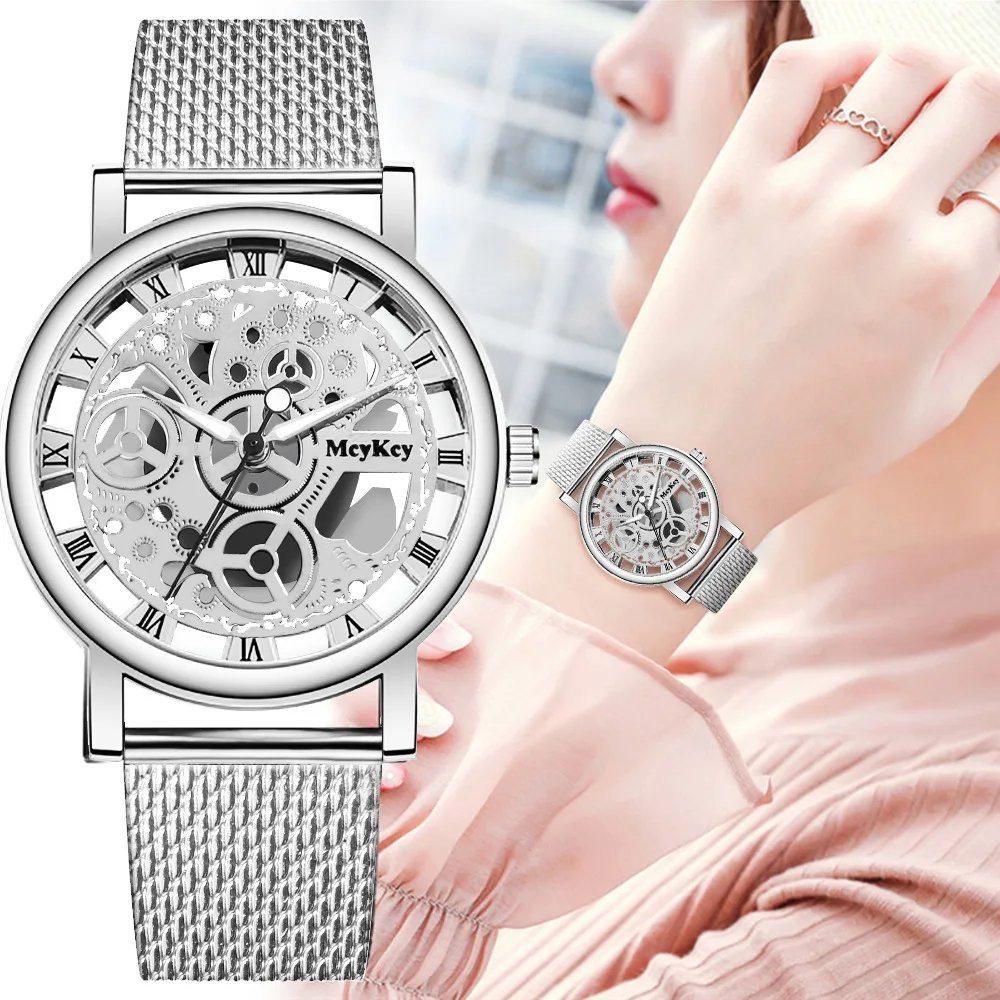 New Fashion Top Women Hollow Skeleton Faux Mechanical Watch Ladies Metal Mesh Quartz Wrist Watches For Female Relogio Feminino